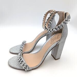 Jewel Badgley Mischka Mayra Block Heel Sandals Women's Silver Size US8 EU38.5